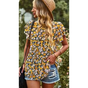 NWT! PrettyGarden Floral Ruffle Neck & Sleeve Peplum Top XL